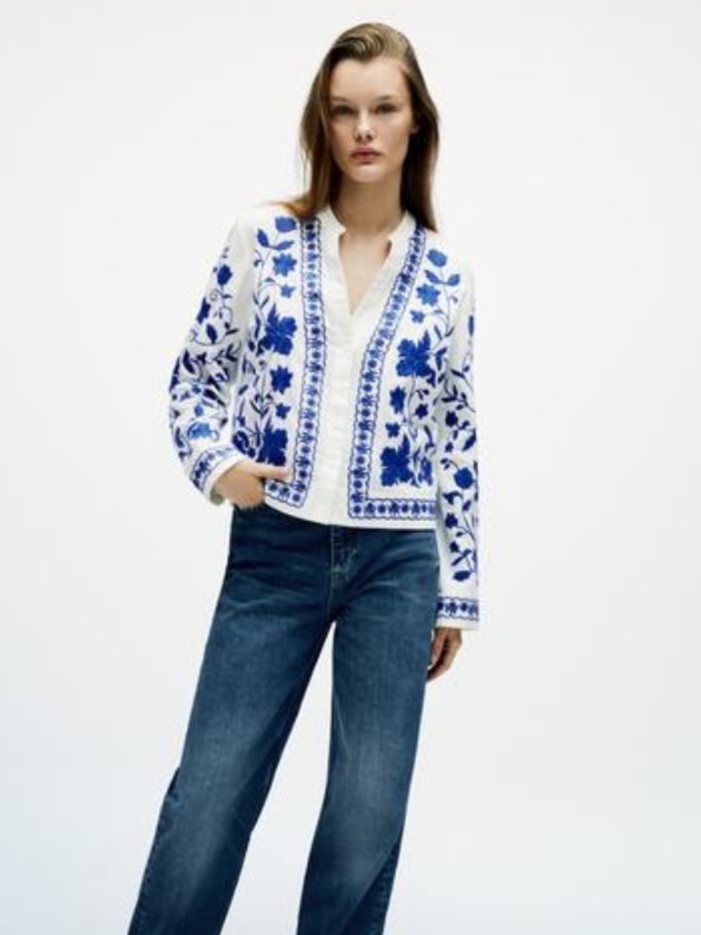 Zara White Linen Embroidered Jacket with Blue Floral Motif